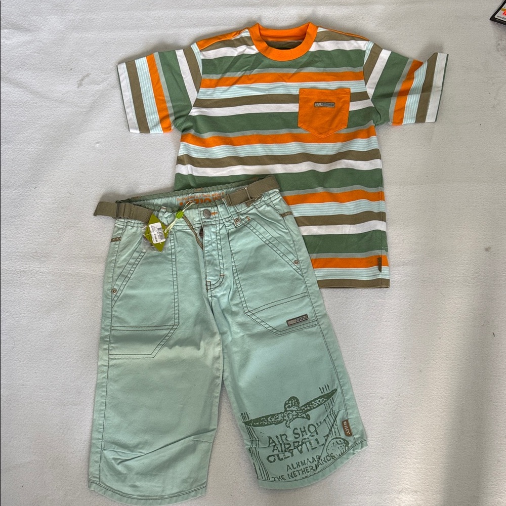NWT EURO High End Oilily Striped Tee and Mint Green cropped Shorts Set for 7-9y